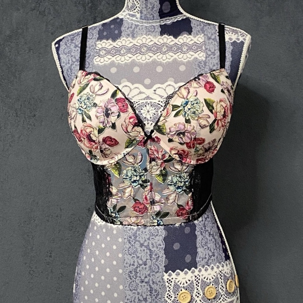 Victorias Secret Very Sexy Push Up Bra Corset 34DD Floral Bustier Underwire